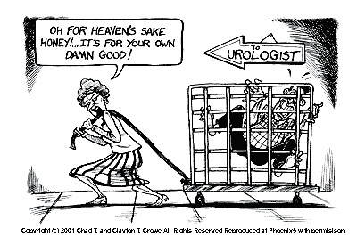 cartoon showing woman dragging protesting man to urologist