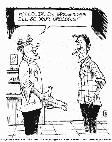 cartoon of urologist with large fingers introducing himself