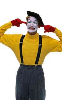 male mime with fingers in his ears and face grimaced