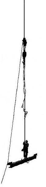 man on girder suspended by long cable