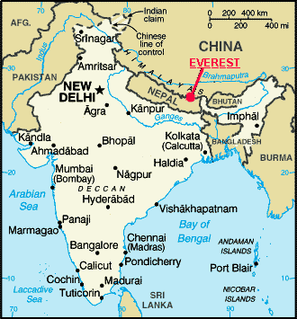 map of India, Nepal and China, showing location of Everest